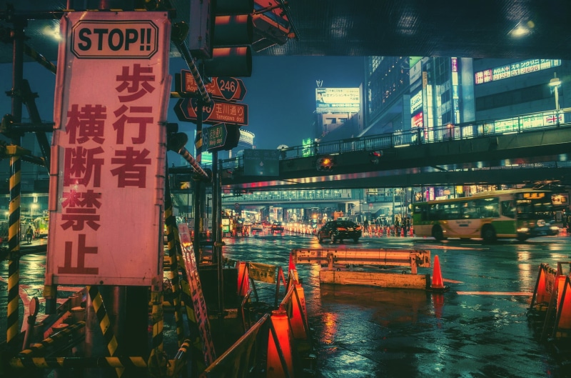 town, transportation, skyscraper, sign, 1080P, signage, script, advertisement, night, city, stop, illuminated, no people, architecture, mode of transportation