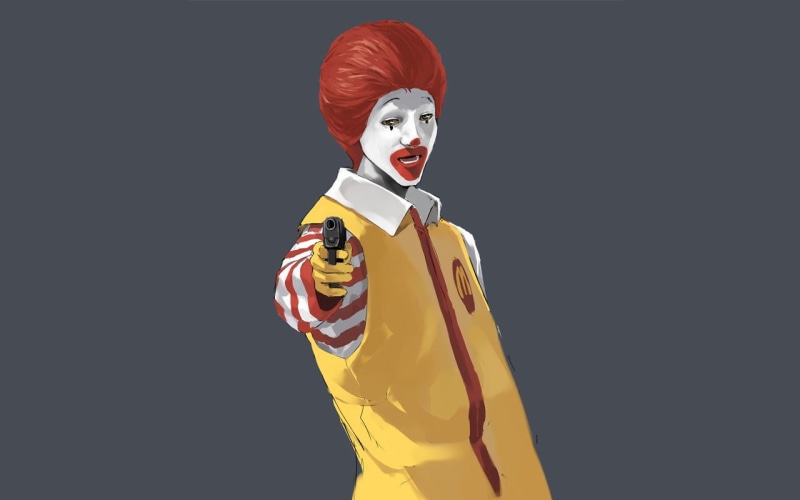 simple background, dark humor, looking at camera, dyed red hair, front view, waist up, yellow, McDonalds, celebration, costume, indoors, studio shot, cut out