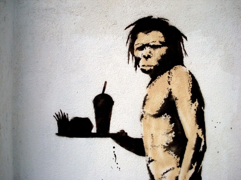hd, graffiti, digital/artwork, food, caveman, 720P, ape, neanderthal, banksy, fast, illustration