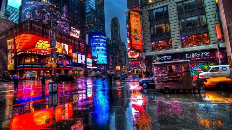 colorful, New York City, 1080P, New York Taxi, car, Time Square, rain, lights