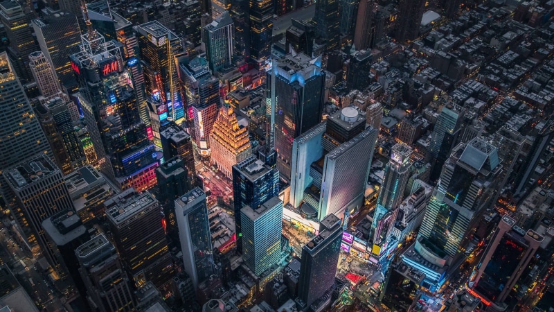 built structure, financial district, office building exterior, tower, city, architecture, building exterior, crowded, skyline, outdoors, Times Square, areal