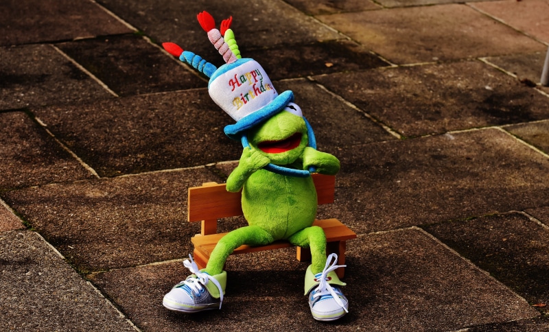 greeting, high angle view, innocence, celebration, flooring, creativity, indoors, pavement, human representation, fun, birthday card, joy, Frog, unrecognizable person