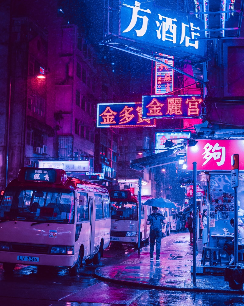 signage, outdoors, path, man, text, person, wet, city street, hong kong, synthwave, 1980s, pavement, nightlife, city life, mong kok, walkway, night, sidewalk