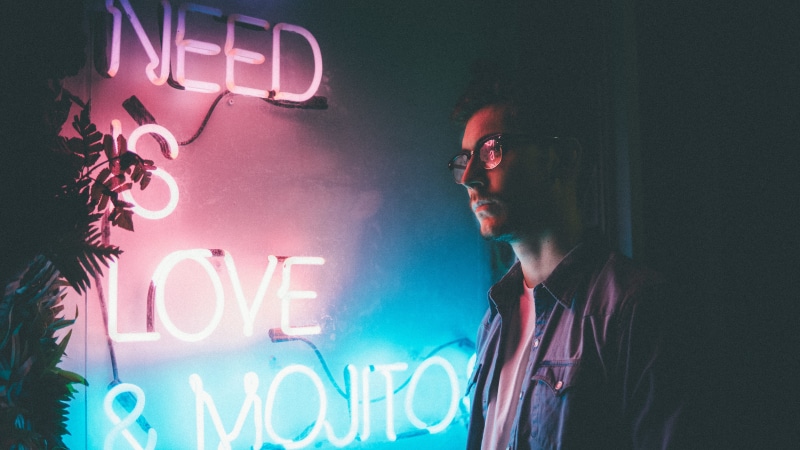 one person, street, text, mojitos, lifestyles, mojito, 5K, headshot, beside, portrait, wall - building feature, neon, need, male, standing, sign, glass