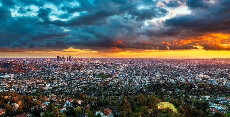 California, landscape, office building exterior, Los Angeles, sunlight, cityscape, urban skyline, built structure, cloudy, building exterior, high angle view