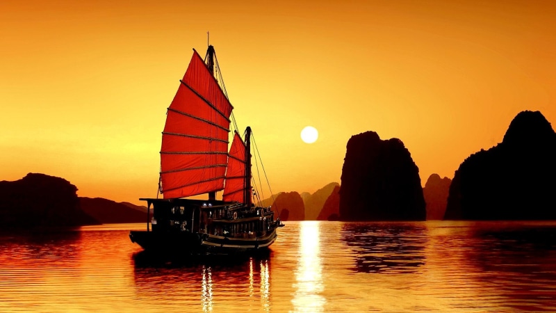1080P, sailing, boat, asia, southeast asia, romantic, brown, eastern asian, ship, indochina, junk, mountain, formations, sunset, red