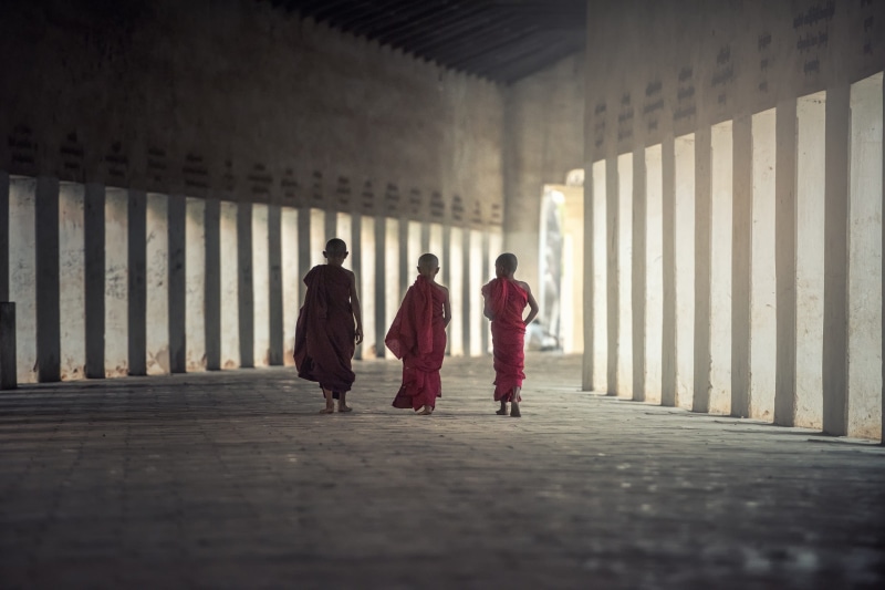 pious, tradition, relax, little, rush, kids, jovial, in the morning, ritual, religion, myanmar burma, novice, buddha, a prayer, senior, full length, red