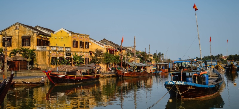 day, asia, building exterior, old town, beautiful, nature, no people, unesco, hoi an, landscape, building, colours, outdoors, fishing boat, river, water