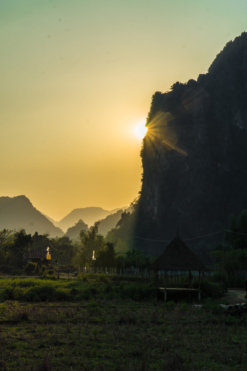vang vieng, 5K, mountain, laos, non-urban scene, environment, outdoors, beauty in nature, sunset, landscape, tranquility, sky, land, countryside, architecture