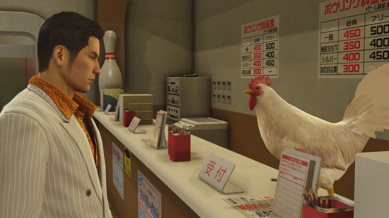 yakuza, PC gaming, 1080P, Yakuza 0, console, Sega, bowling, Japan, humor, suits, stare, Steam OS, Chicken, video games, Shintaro Kazama, PlayStation 4
