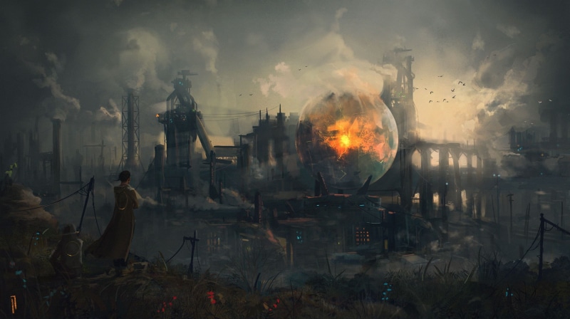 ruins, air pollution, sign, day, sphere, accidents and disasters, man, building exterior, spherical, science fiction, aggression, structure, digital art