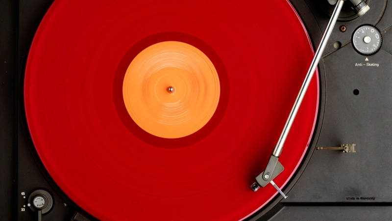 no people, audio equipment, mode of transportation, full frame, electrical equipment, music, turntables, metal, turntable, red, record, close-up, equipment