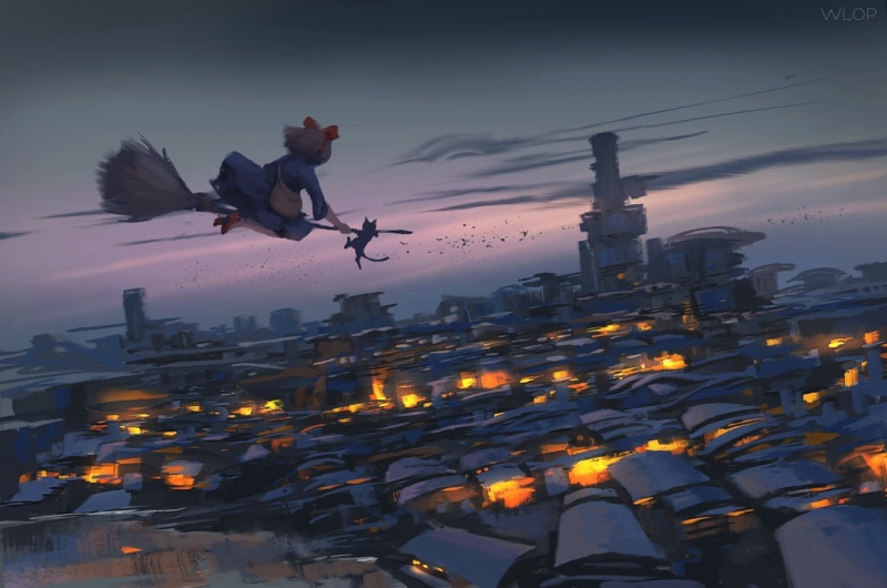 nature, full length, Kikis Delivery Service, fantasy art, cloud - sky, building exterior, 480P, one person, architecture, leisure activity, sky, built structure
