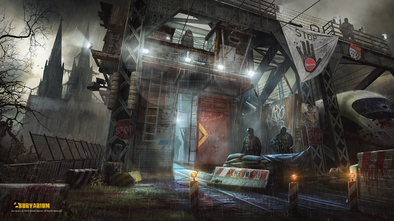 Cologne, apocalyptic, train, Cologne Cathedral, rain, stop sign, Survarium, 1080P, video games, bridge, traffic signs