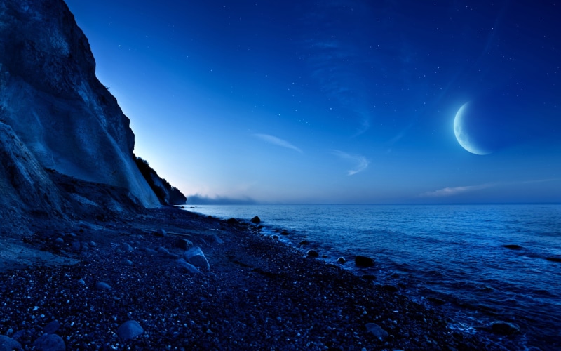 nightfall, half, mountain, sea, hd, 1080P, moon, beach