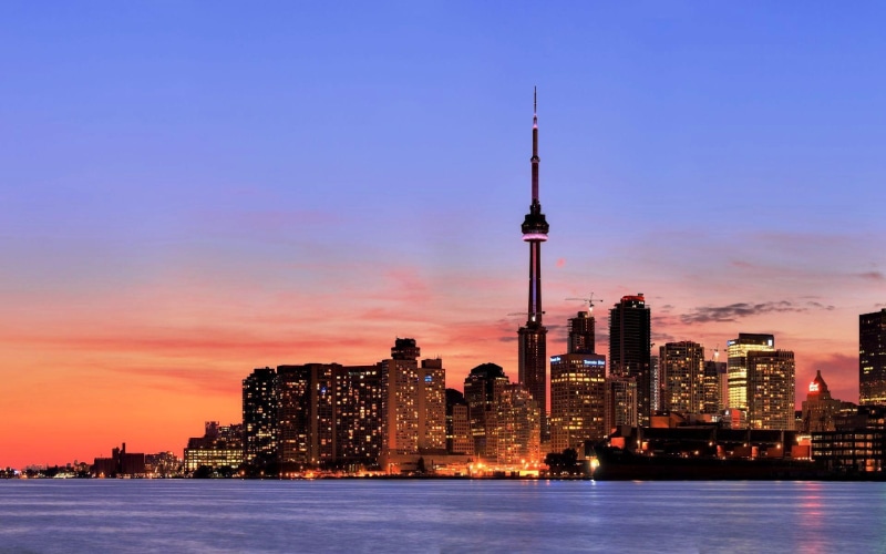 toronto, cn tower, city, lake, dusk, skies, 1080P, red, blue, nightfall, animals