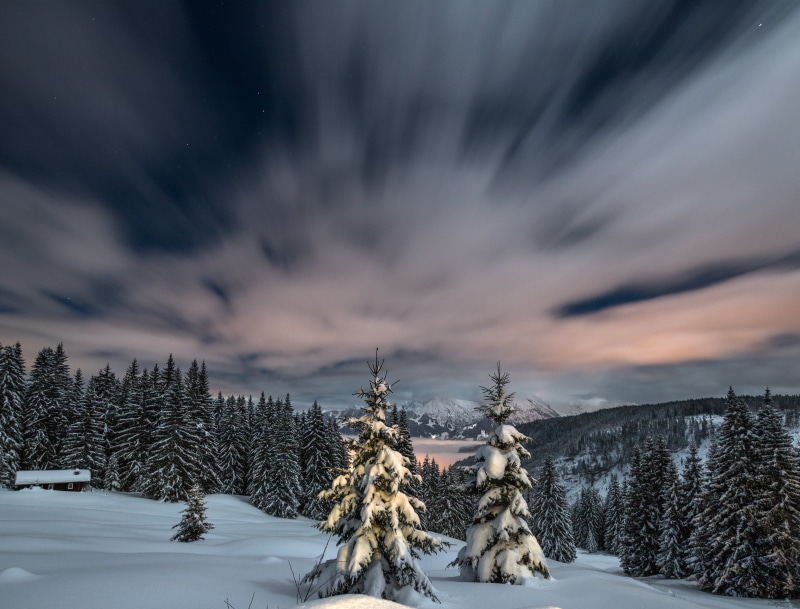 green forest, outdoors, sunset, tree, forest, frost, snow  mountain, Canon  EOS  70D, nature, blue, Alps, long exposure, scenics, snow, mountains, Nebelhorn