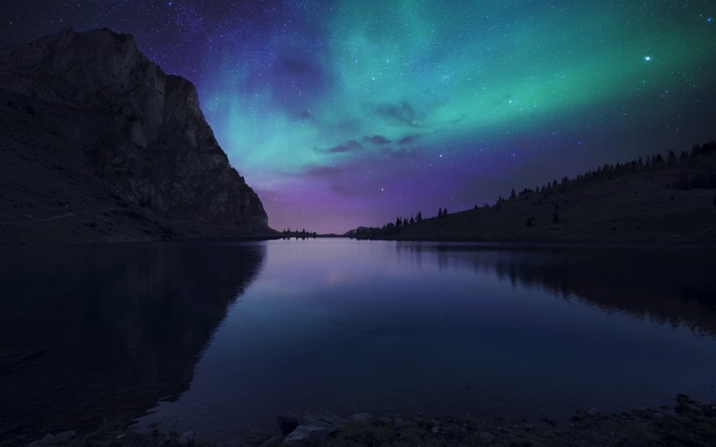 night, 4K, green, blue, nature, lake, water, aurora, landscape, black, purple, astronomy, stars, silhouette, mountains, sky, nightfall, digitalcomposition
