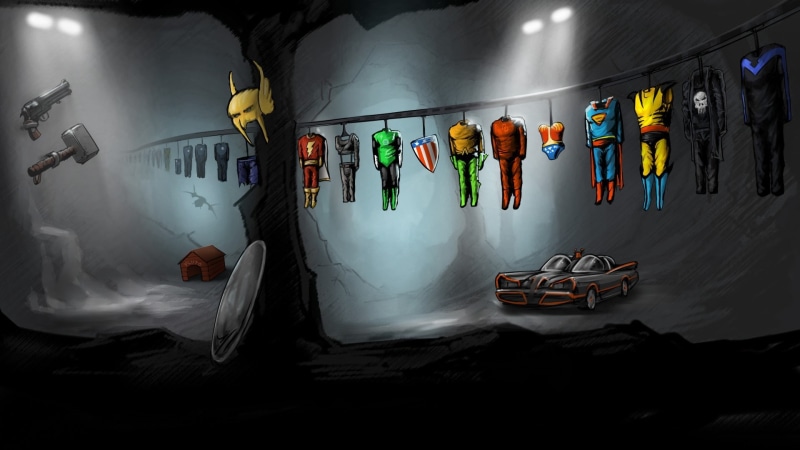 costumes, helmet, Batman, The Punisher, hero, Batmobile, 1080P, digital art, artwork, Bat Cave, Thor, weapon, superhero, hammer