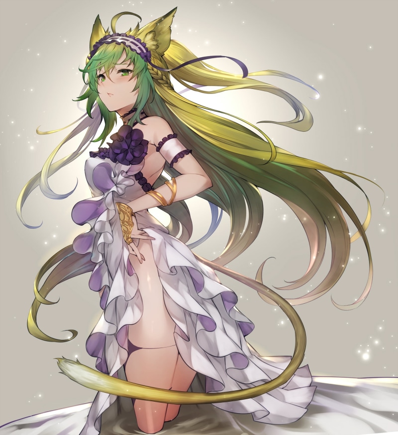 Archer of Red, fan art, digital art, Fate/Grand Order, artwork, anime, green eyes, anime girls, Kakage, fantasy girl, dress, cat tail, drawing, illustration