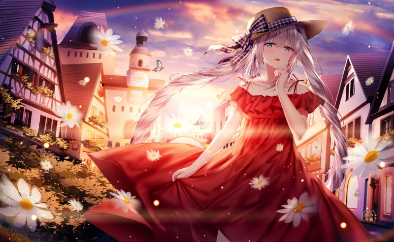 Marie Antoinette, sunset, 2D, junpaku karen, anime girls, rainbows, artwork, Fate Series, looking at viewer, blue eyes, fan art, illustration, drawing