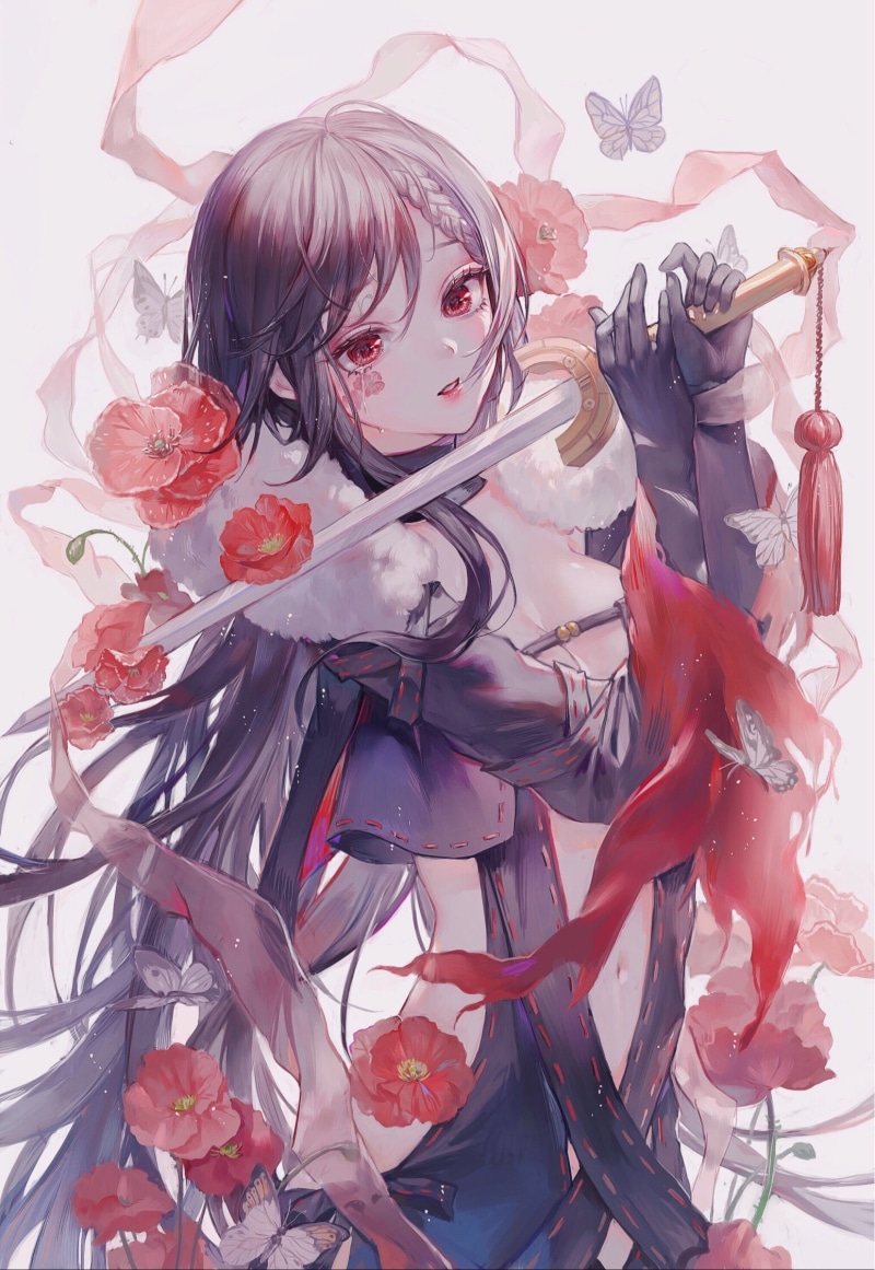 painting, sword, Yu Miaoyi (Fate), Matcha_, anime girls, Fate/Grand Order, Fate Series, 1080P, 2D, dress, belly, crying, digital art, anime, drawing, black hair