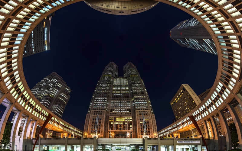 illuminated, japan, travel, hd, panorama, tokyo, building, city, tall - high, office building exterior, no people, k, architecture, night, 4K, low angle view