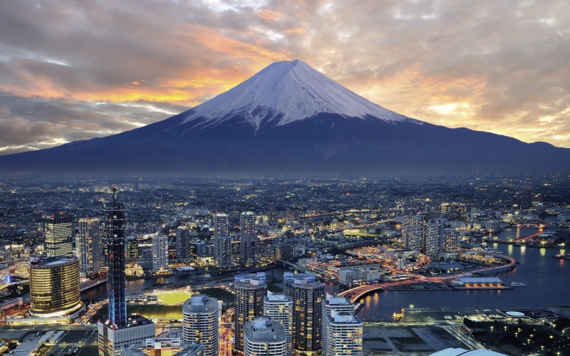 japan, volcano, built structure, mountain peak, sunset, nature, travel destinations, cityscape, no people, cloud - sky, building, building exterior, tokyo