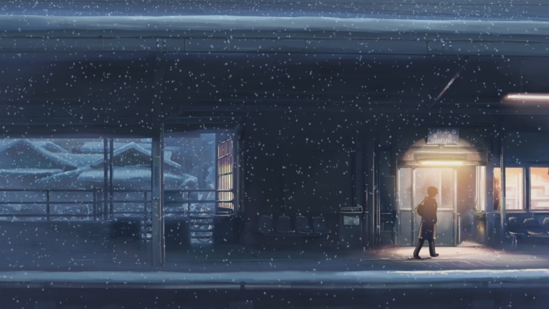 snow, anime, men, lifestyles, Makoto Shinkai , night, built structure, full length, 5 Centimeters Per Second, cold temperature, real people, building exterior