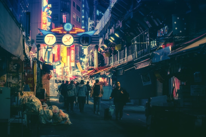 streets, street, market stall, women, Japan, built structure, retail, market, men, store, lighting equipment, group of people, real people, 1080P, city