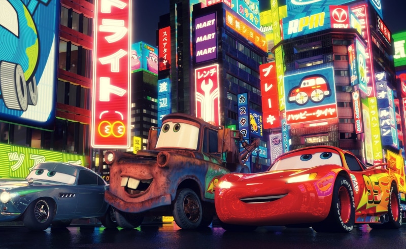 multi colored, text, Cartoons, animation, cars 2, city life, travel, transportation, screenshot, illuminated, street, road, motor vehicle, disney, built structure
