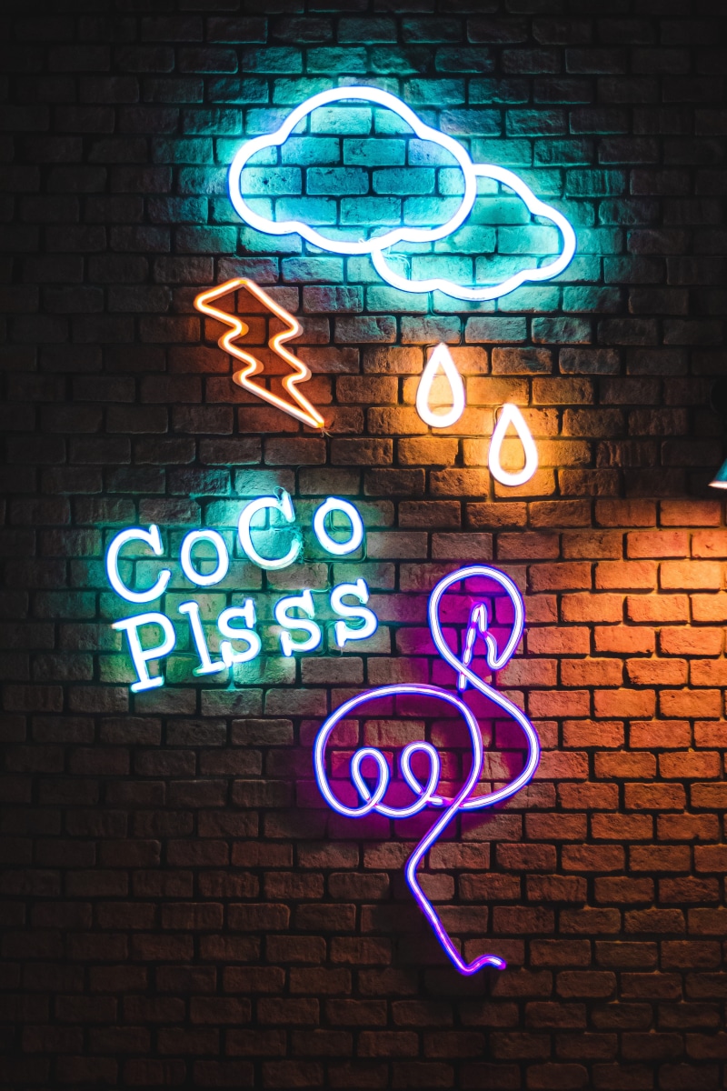 architecture, cloud, modern marketing, ampersand, marketing, no people, nightlife, night, brick, lighting equipment, neon, brick wall, glowing, art, western script