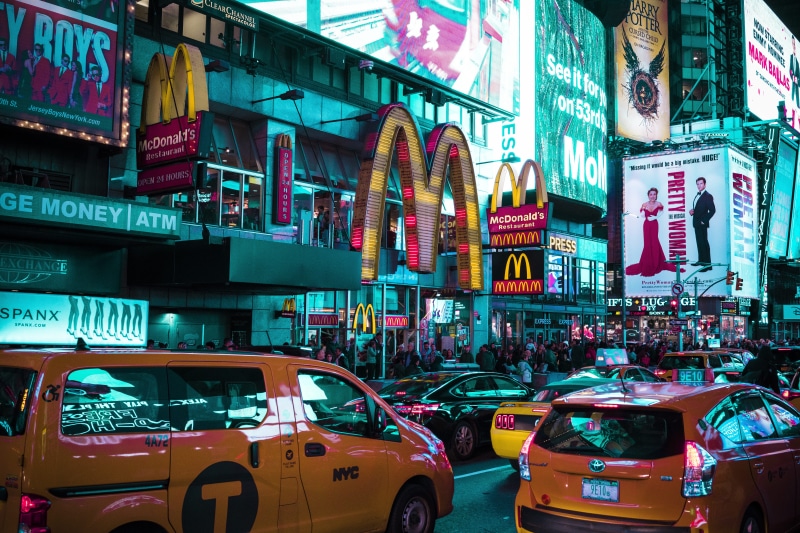 yellow, building exterior, neon, mcdonald, taxi, timessquare, mcdonalds, cyan, city street, travel destinations, cab, land vehicle, incidental people, near