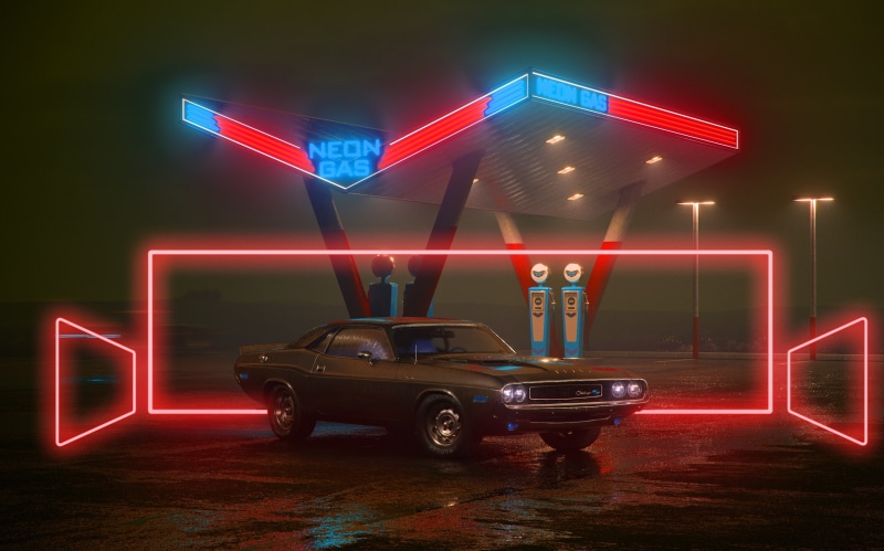motor vehicle, architecture, commercial sign, communication, sign, no people, transportation, road, text, mode of transportation, street, old, neon, old car