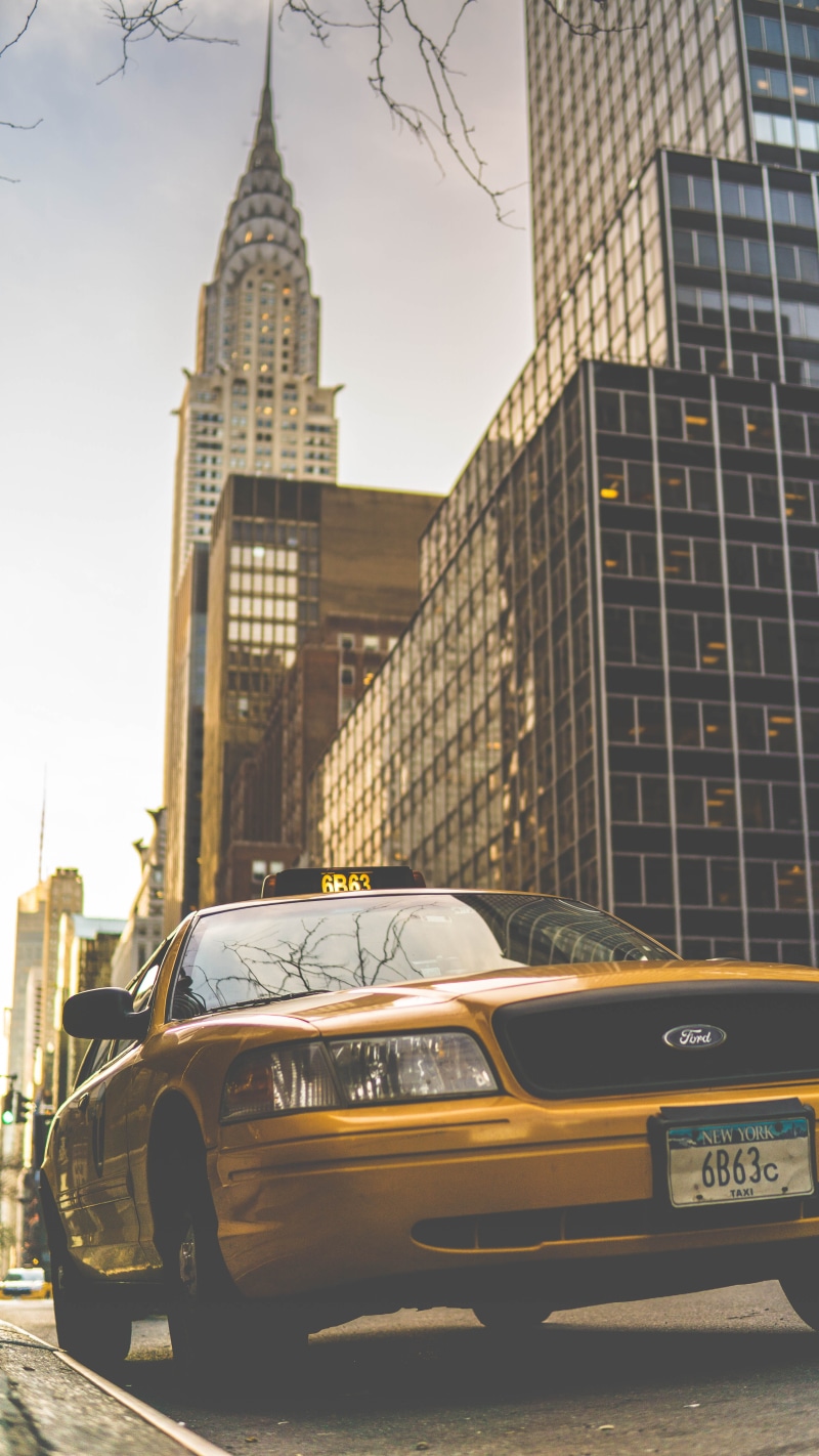architecture, yellow, background, urban, parked, building exterior, sky, daytime, mode of transportation, curb, new york, victoria, skyscraper, the big apple