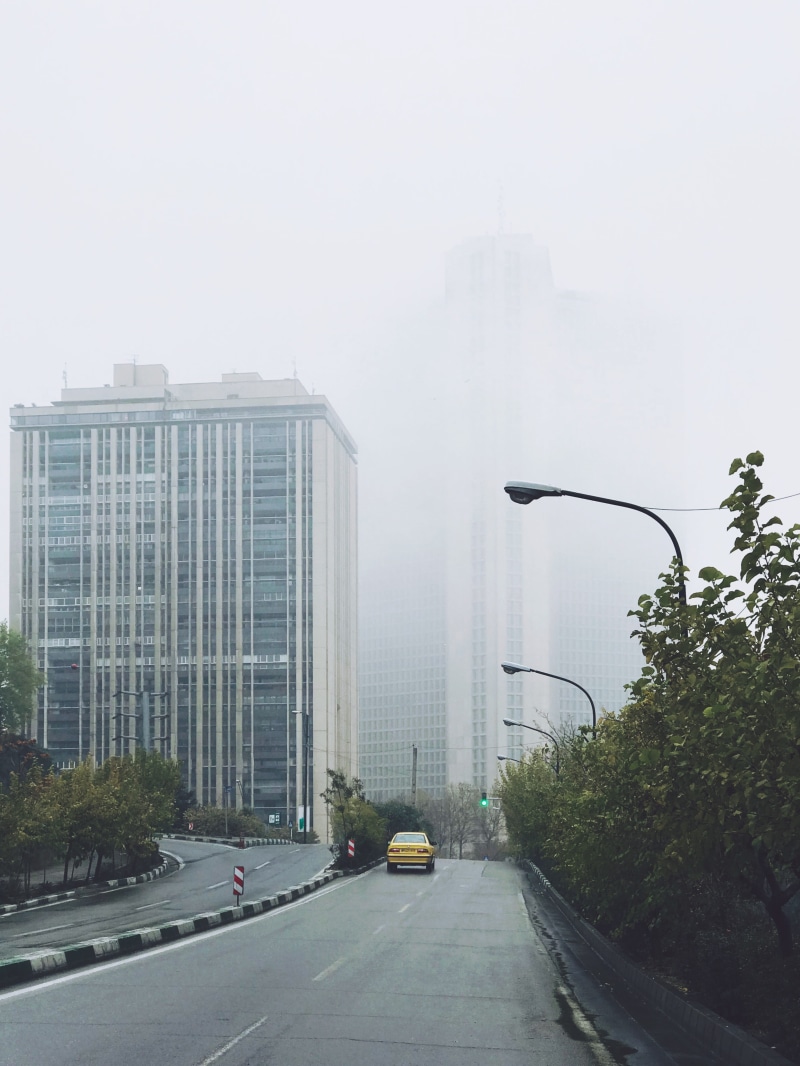 way, no people, office building exterior, iran, transportation, architecture, building exterior, skyscraper, high, street, car, road, city, nature, plant