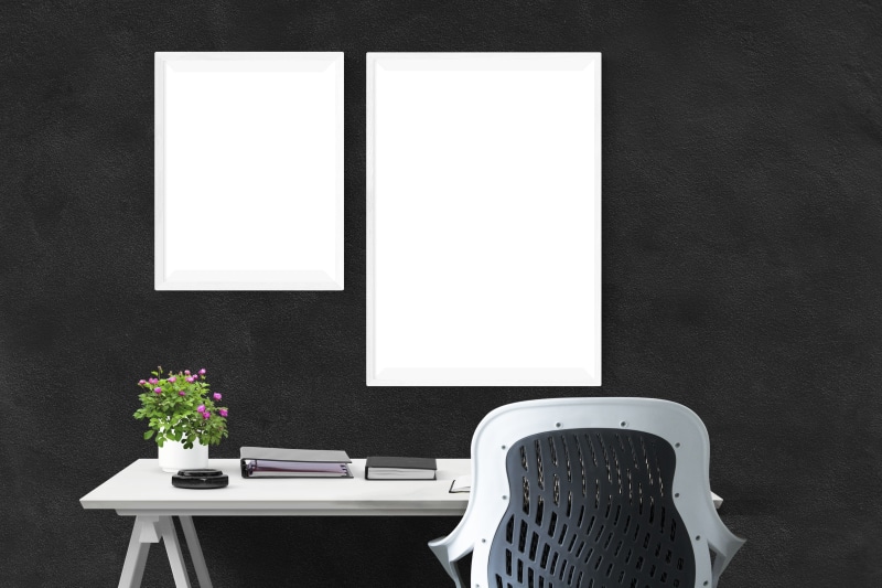 gallery, desk, wood - material, white color, still life, indoors, plant, white, empty, business, chair, frame, arrangement, wooden, mockup, poster, blank
