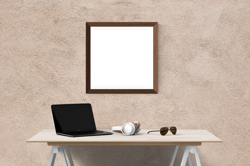 realistic, mock, blank, modern, wood - material, interior, mockup, indoors, table, technology, frame, home interior, 5K, canvas, poster, headphones, laptop