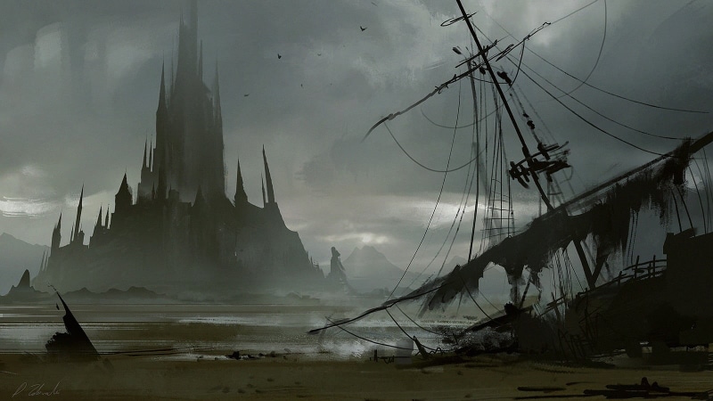 fantasy art, sky, ship, crashed, nature, cloud - sky, storm, Darek Zabrocki , ancient, 720P, sea, power in nature, history, fog, beauty in nature