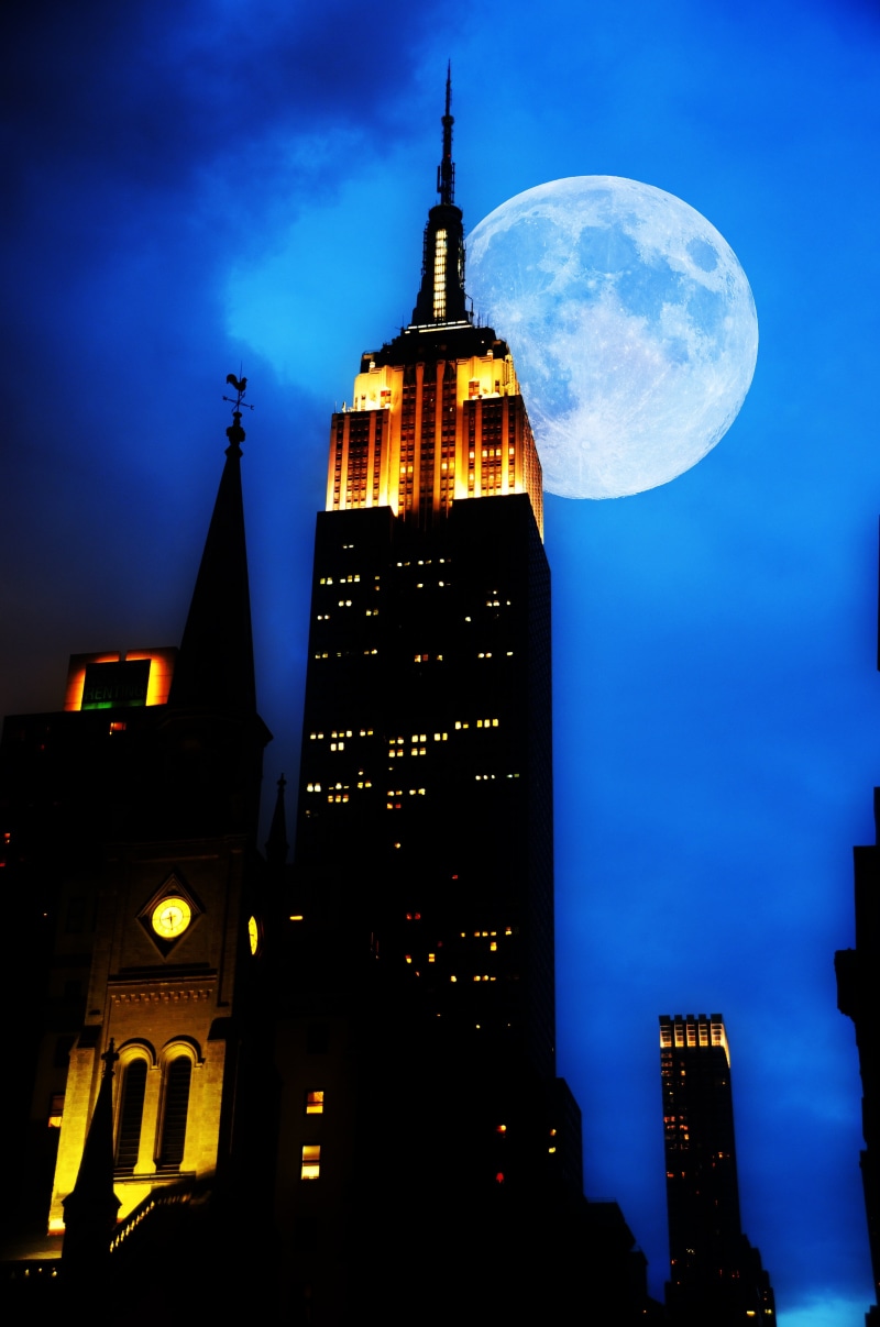 financial district, cityscape, skyscrapers, empire, 4K, travel destinations, spire, state, architecture, city, sky, moon, manhattan - New York City, new york