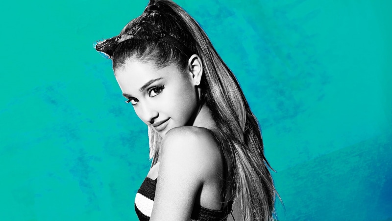 leisure activity, black hair, lifestyles, women, beautiful woman, indoors, looking at camera, beauty, Ariana Grande, portrait, innocence, side view, blue