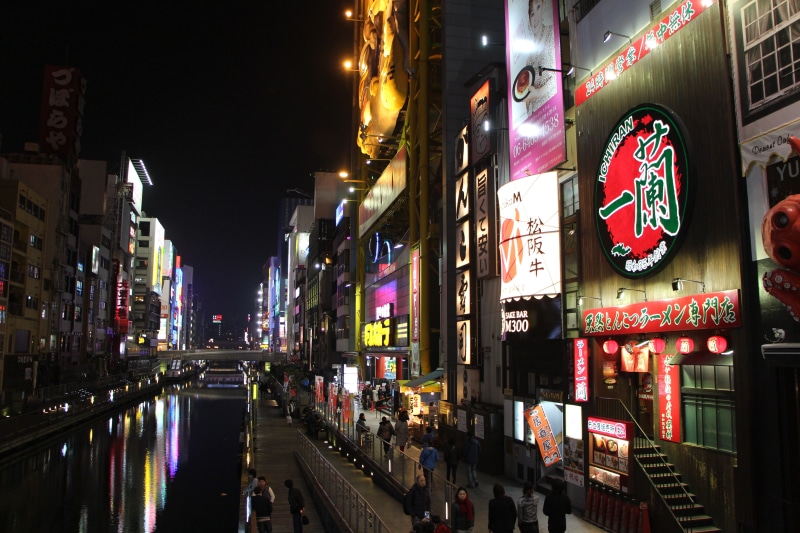 city life, neon, outdoors, architecture, people, city street, buildings, osaka, travel destinations, 5K, lighting equipment, several, night, high, beside