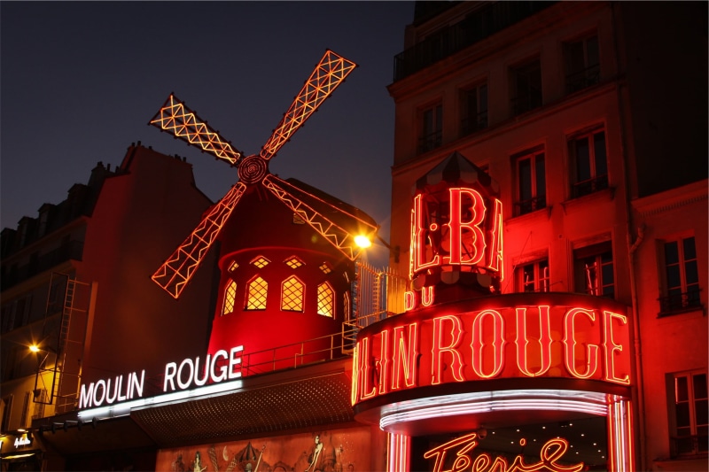 Paris, no people, travel destinations, time, rogue, communication, neon, built structure, windmill, night, building, lights, architecture, street, illuminated
