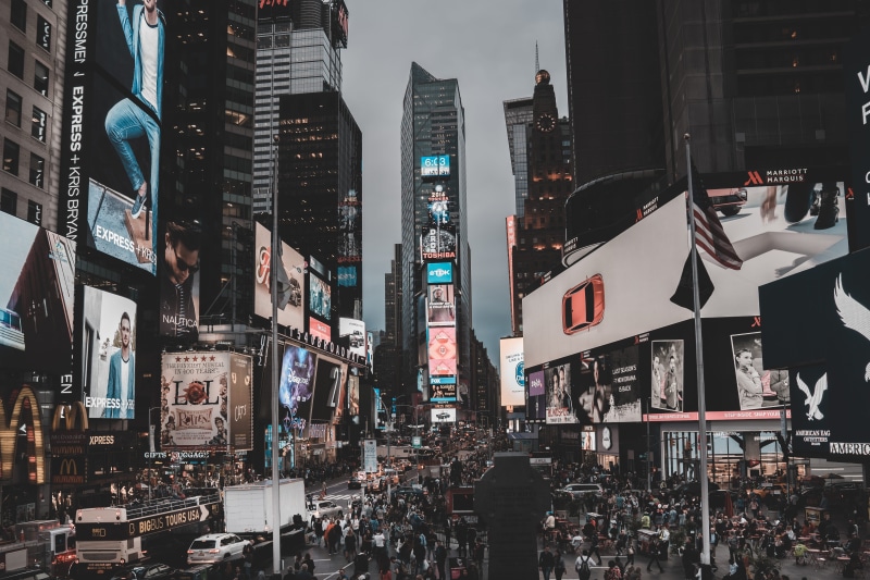 billboard, built structure, group of people, transportation, new york, architecture, skyscraper, text, large group of people, tumblr, light, outdoors, advertisement
