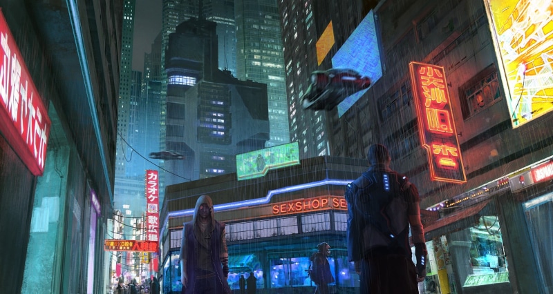 commercial sign, 1080P, modern, cyberpunk, low angle view, advertisement, billboard, illuminated, office building exterior, built structure, text, financial district