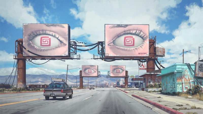 building, the way forward, car, outdoors, billboard, downtown, day, cloud - sky, digital art, built structure, land vehicle, travel, street, nature, art