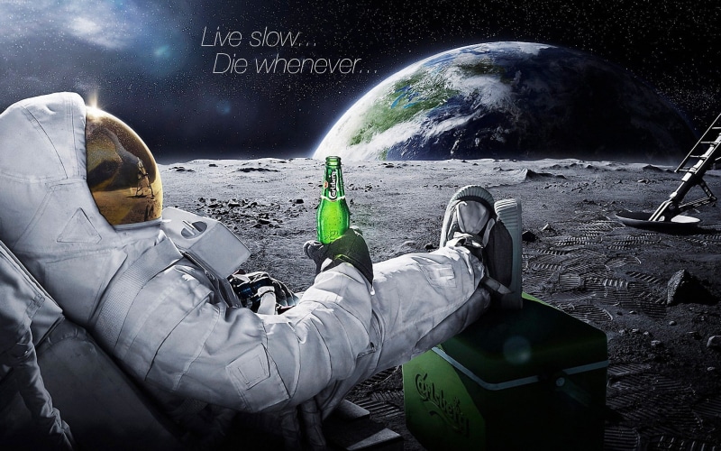 outdoors, astronomy, cold temperature, warm clothing, one person, astronaut, Carlsberg, water, science, beer, alcohol, digital art, men, leisure activity