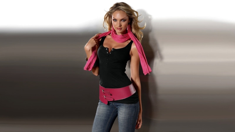Candice Swanepoel, females, women, girls, pink color, tank, looking at camera, 1080P, blond hair, beautiful woman, front view, s, portrait, young adult
