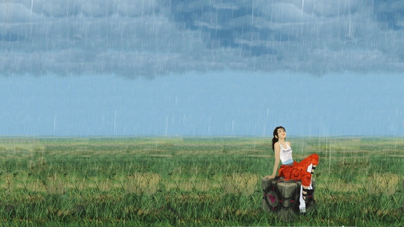woman, one person, sitting, young adult, Chell, illustration, adult, field, 1080P, beauty, land, leisure activity, tank, white, nature, cartoon, beauty in nature