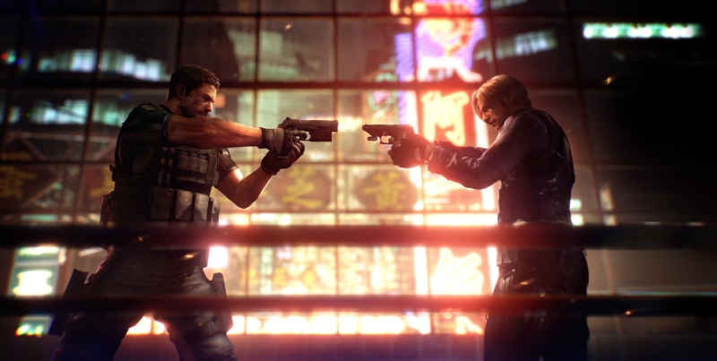 Leon S. Kennedy, screen shot, Chris Redfield, Capcom, video game characters, video games, depth of field, standing, 1080P, gun, Resident Evil, pistol